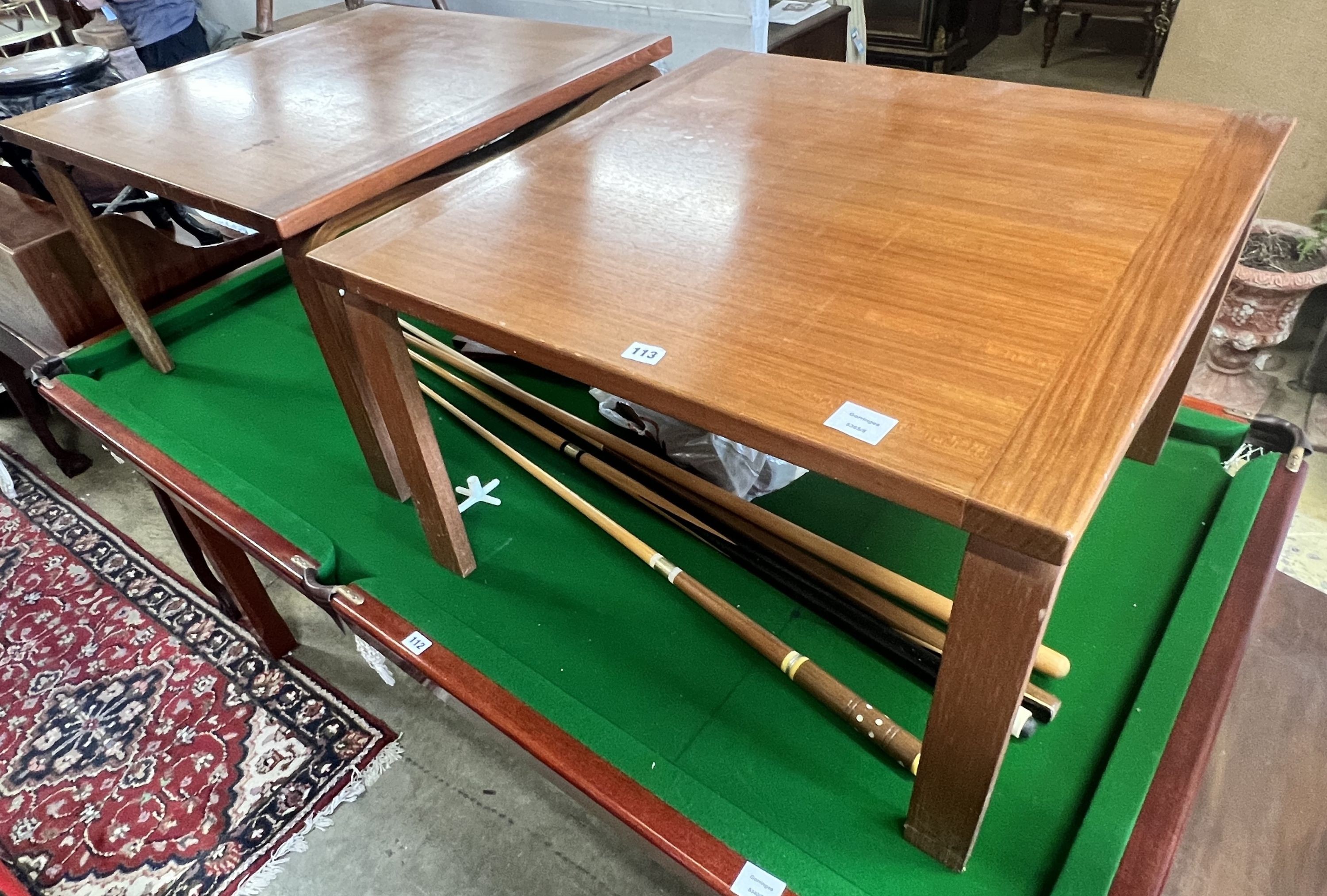 A pair of 1950's Danish teak coffee tables, width 76cm depth 76cm height 47cm